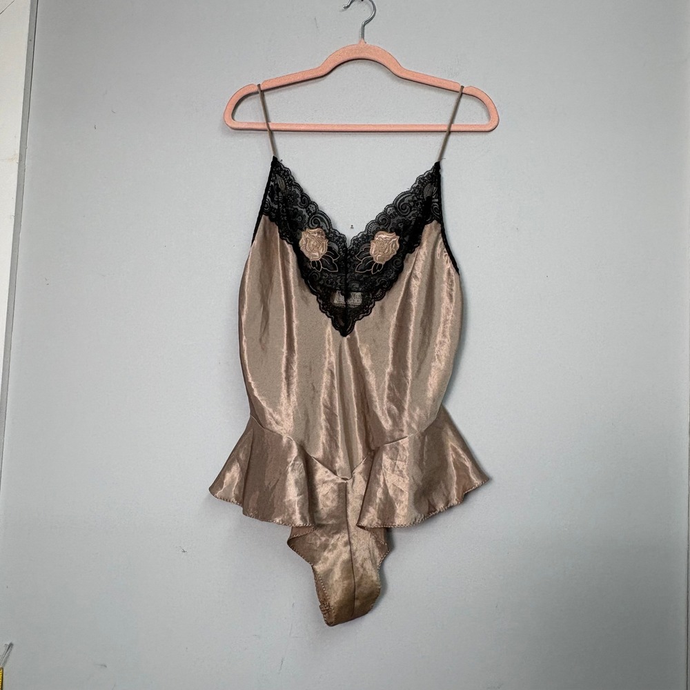 Vintage Val Mode Lingerie Teddy Body Suit Large Champagne Gold Black Lace Rose